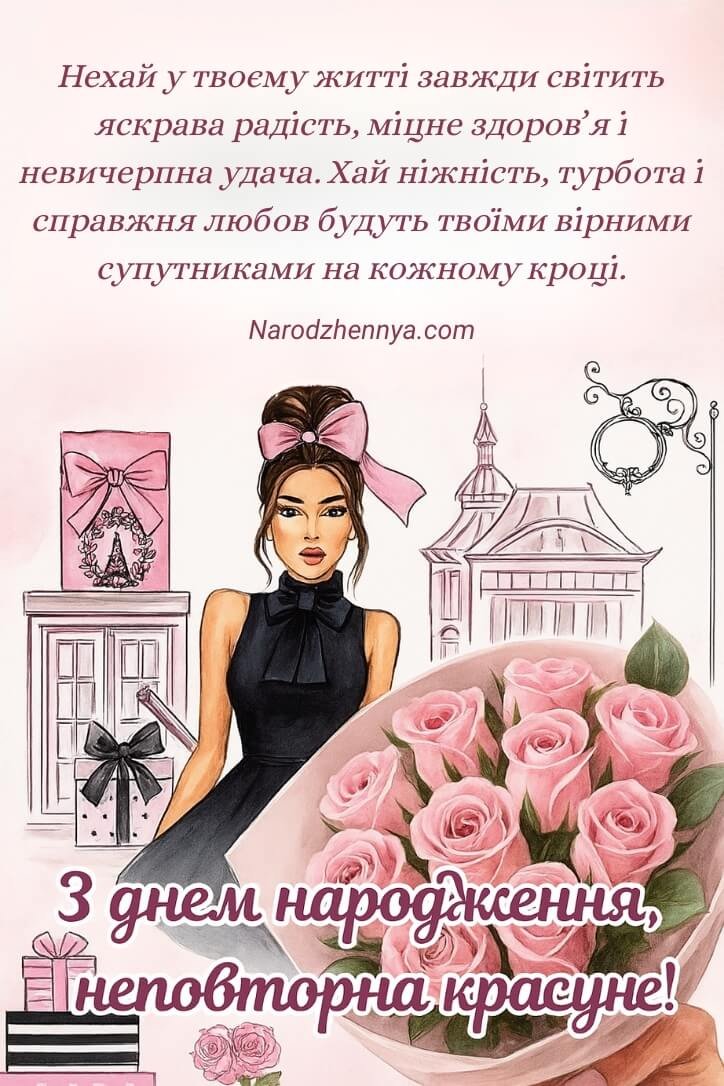 привітання з Днем народження жінці – неповторна красуне!